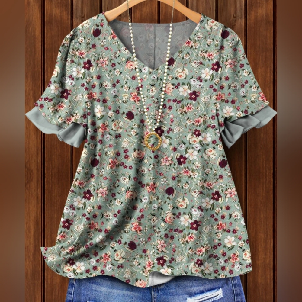 BOGO Floral Print V-Neck Ruffle Sleeve Top- Large